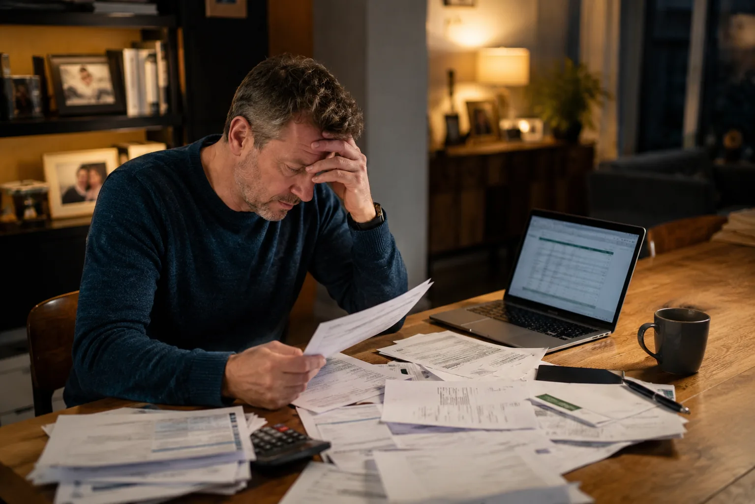 An adult son surrounded by his late parent's paperwork, unsure where to begin